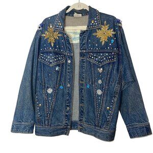 Vintage Freego Womens Denim Jacket Blue Size Medium Embellished Button Cotton